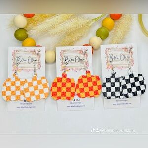 Checkerboard Pumpkin Leather Earrings 🎃